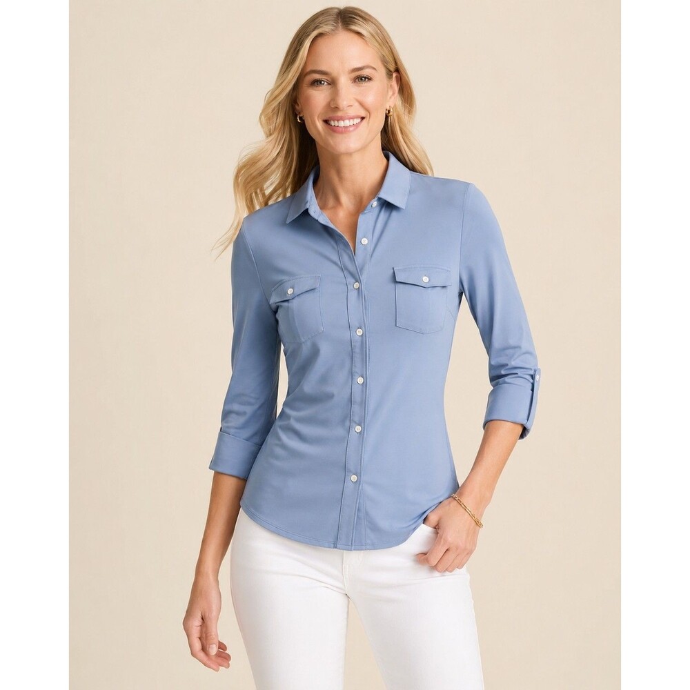 J.McLaughlin Size XL Blue Button Front Shirt Blouse Stretch 3/4 Sleeve Preppy